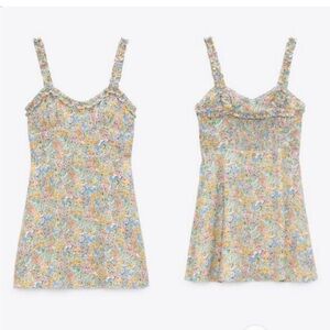 Zara Cotton Ruffle Neckline Floral Smocked Back Minidress M
